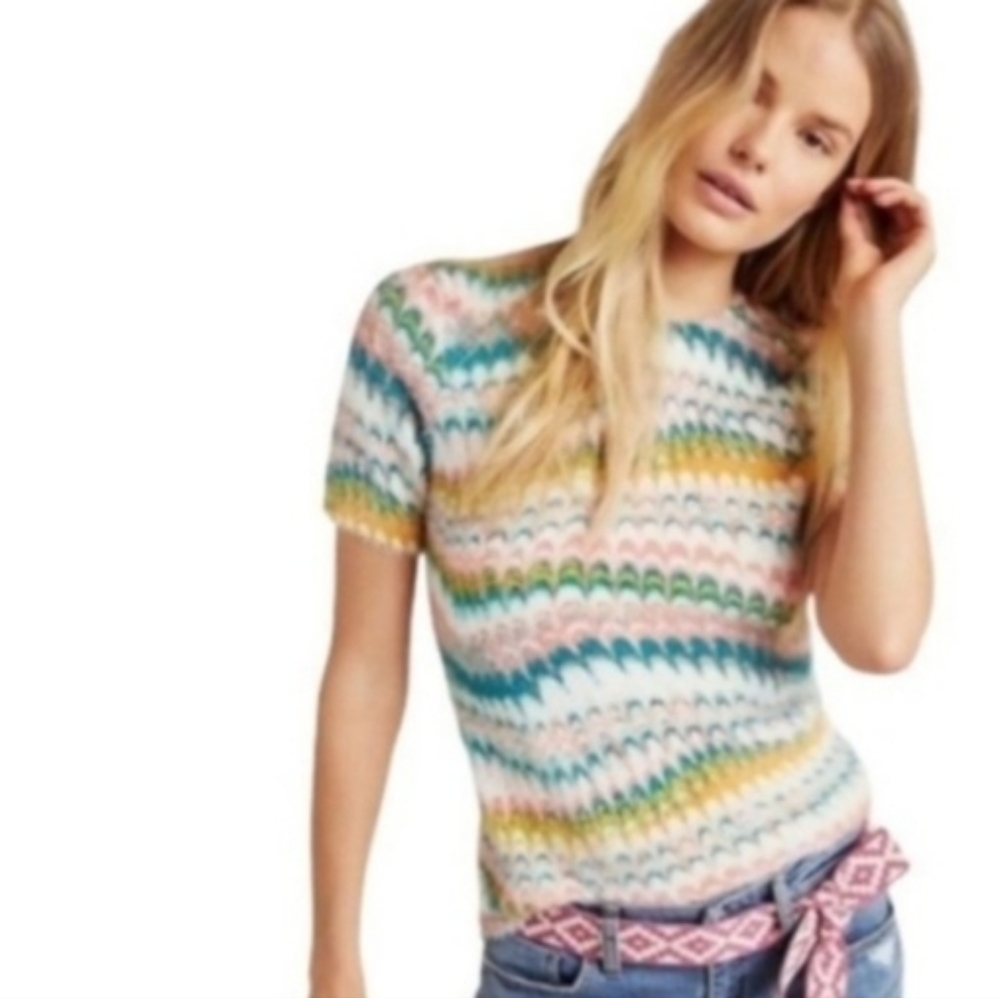Anthropologie Marbled Watercolor Fuzzy Short Sleeve Sweater Size XS